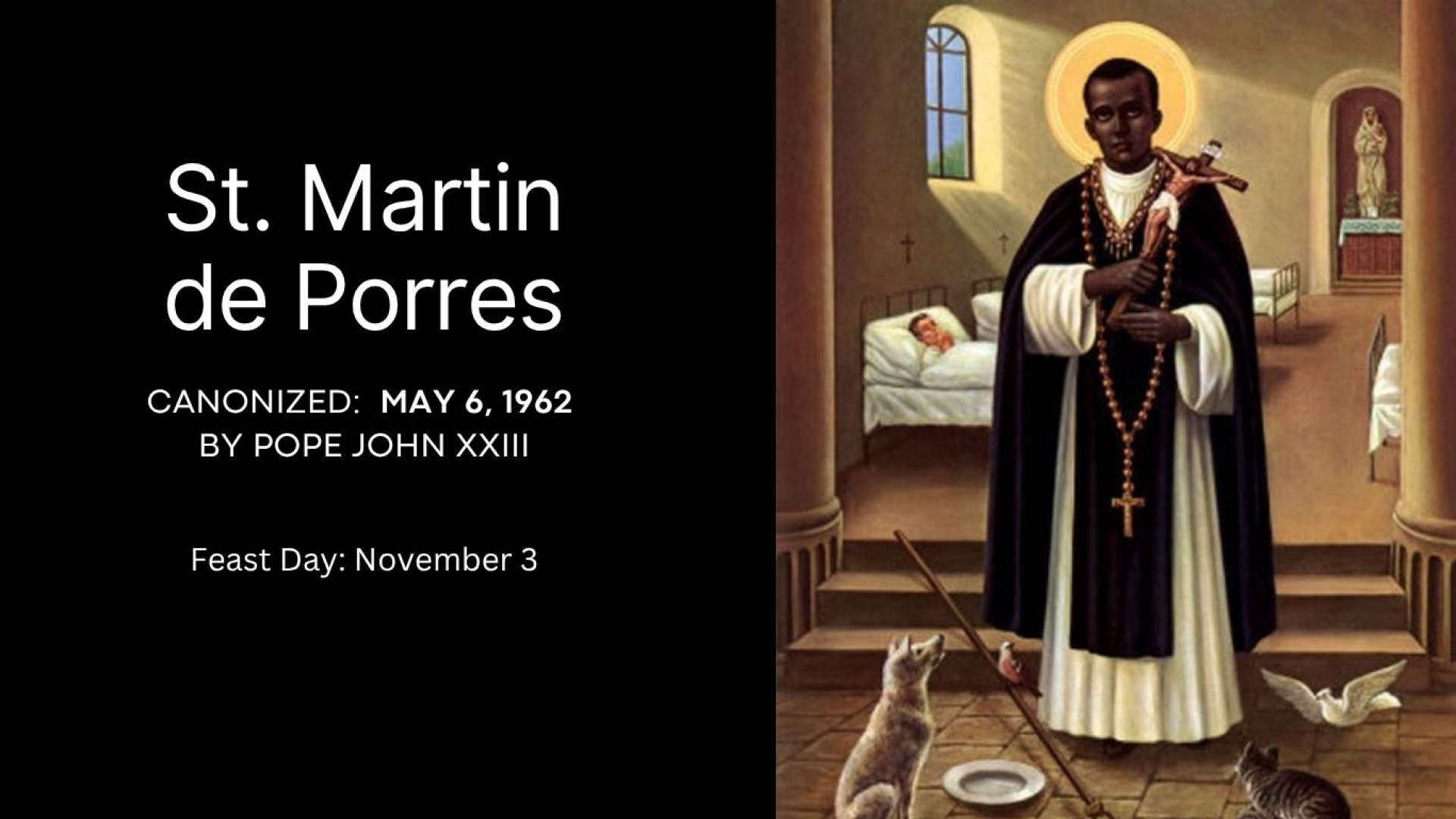 St. Martin de Porres holding a cross and wearing a rosary. He is surrounded by animals